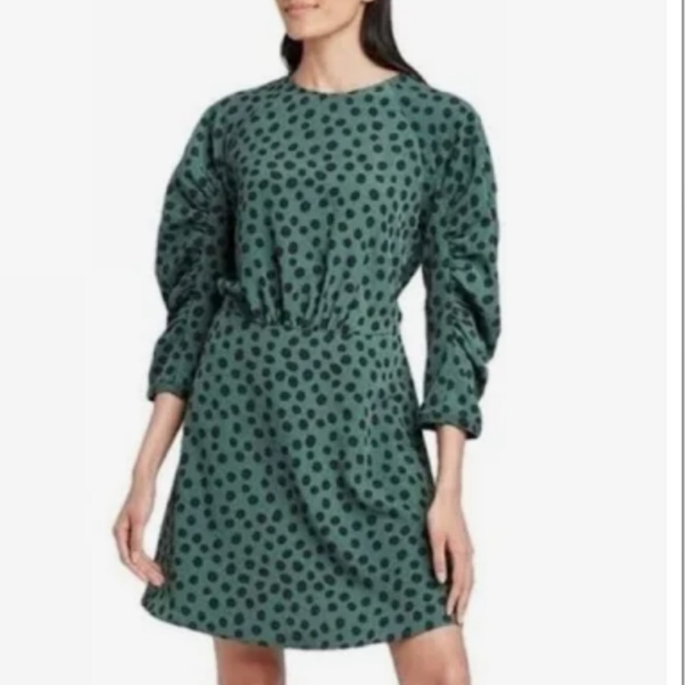 Who What Wear Green Black Polka Dot Shirrea Long Sleeve Woman’s Dress Size XL